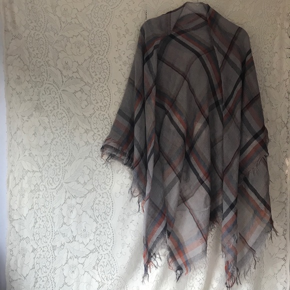 Boho Fringed Shawl Wrap Scarf Gray Rust Navy Plaid - Picture 6 of 12